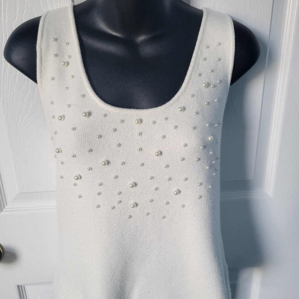 Boston Proper White Tank Top with Pearl Details